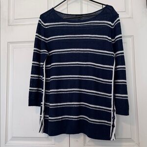 Talbots 100% Linen Navy and White Striped Sweater Top M